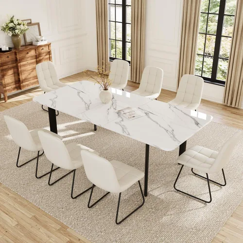 Vista 19 de HIPIHOM Mesa de comedor extensible para 6-8 personas, mesa rectangular de 63 a 78.7 pulgadas, MDF blanco con patas de metal resistentes, ahorro