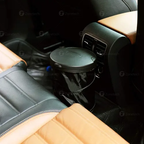 Vista 8 de ZONETECH Paquete de 2 basureros portátiles universales para automóvil, color negro, plegable, a prueba de fugas, para basura para organizar el auto