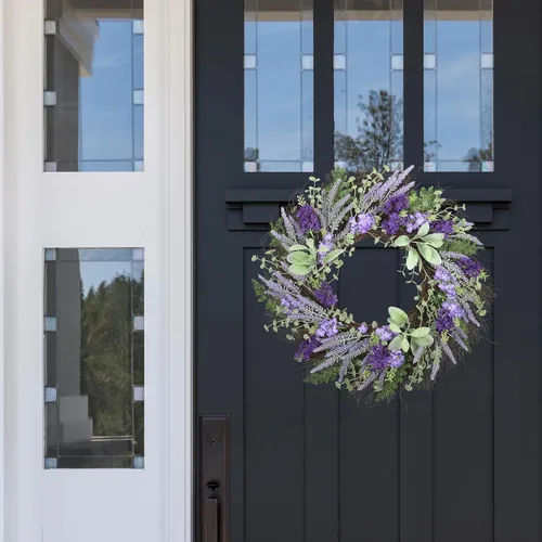 Vista 7 de Haute Decor Corona de lavanda artificial mixta con vid natural, corona de primavera de 24 pulgadas para puerta delantera con flores de lavanda