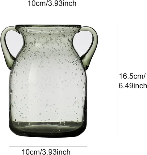 Vista 2 de Jarrón de cristal transparente, florero de vidrio con doble oreja, jarrón de boca ancha para decoración de interiores y exteriores (4)