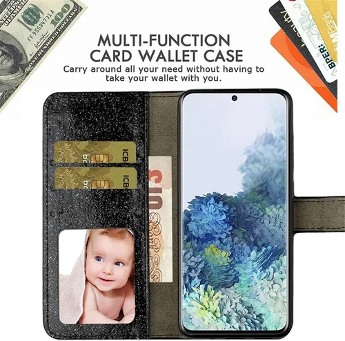 Vista 3 de XYX Funda tipo cartera para Samsung Galaxy A32 5G, Bling Glitter Crown Butterfly Diamond Flip Card Slot Luxury Girl Women Phone Cover - Negro