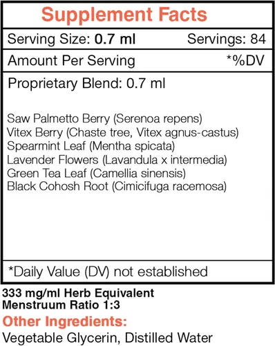 Vista 4 de Secrets of the Tribe Hirsu Secret Extracto sin alcohol, palma enana americana, cohosh negro, Vitex, menta verde, lavanda, té verde. Tintura