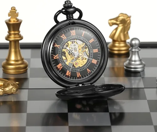 Vista 2 de Reloj de bolsillo mecánico de esqueleto para hombre, diseño de dragón fénix, caja negra con cadena + caja de regalo para hombre, Negro -, Mecánico