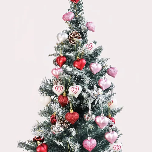 Vista 4 de Decoraciones para el día de San Valentín, decoración de corazón, 36 piezas de adornos de plástico rojo, plateado, rosa, blanco, árbol de Navidad