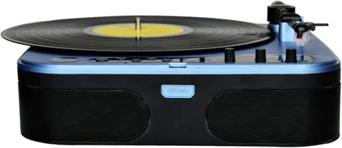 Vista 4 de Tocadiscos de vinilo, tocadiscos para discos de vinilo, tocadiscos con altavoces, diseño Retro, portátil, con forma de maleta, color azul
