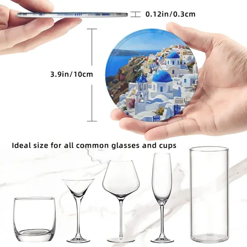 Vista 8 de Famame 6 posavasos de cuero para bebidas con soporte para pintura al óleo, hermosos juegos de posavasos Santorini para mesa de bebidas, posavasos