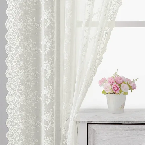 Vista 8 de Kotile - Cortinas de encaje beige de 45 pulgadas de largo para ventanas de cocina, 2 paneles, cortinas de encaje floral de vid traslúcidas
