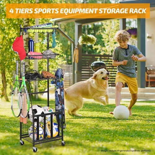 Vista 6 de PLKOW Organizador de almacenamiento para equipos deportivos de garaje, estante deportivo para interior/exterior para garaje, organizador