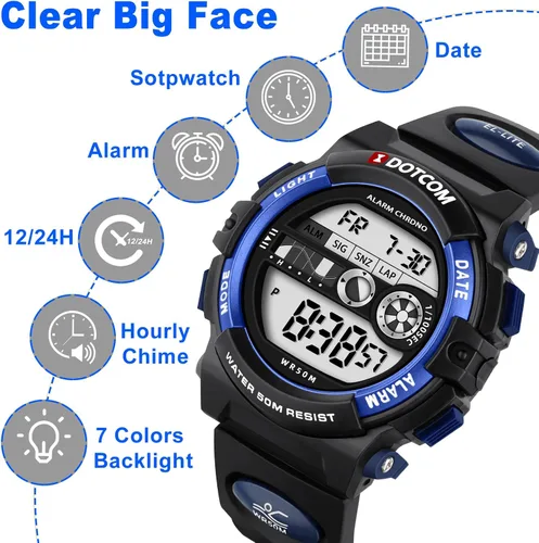 Vista 2 de CKV Kids Digital Watch Boys Teenage Watches Ages 5-18,50M Waterproof Multifunctional Sport Watches with 7 LED Backlight Alarm Calendar Timer for