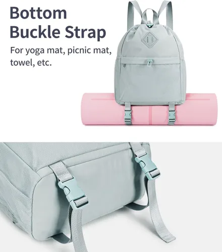 Vista 2 de WANDF Mochila con cordón para mujer, bolsa de gimnasio con correa para esterilla de yoga, resistente al agua, con bolsillo de malla, Gris