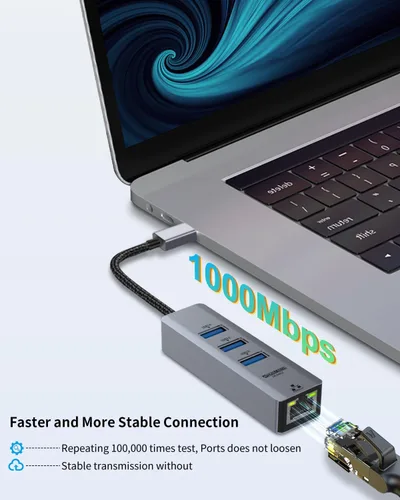 Vista 2 de Adaptador USB a Ethernet para computadora portátil, 4 en 1 USB3.0 a RJ45 Hub, 3* USB 3.0, Gigabit 10/100/1000Mbps, soporte para MacBook, Surface