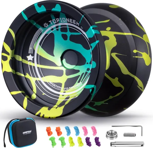 Vista 11 de MAGICYOYO Responsive Yoyos - Paquete de 2 yoyos de metal V12 + yoyo de plástico K2 verde brillante, yoyo profesional para niños, yoyo de doble