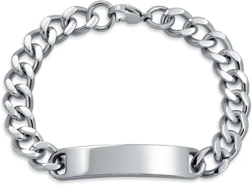 Vista 2 de Bling Jewelry Etiqueta de identificación chapada con nombre, cadena de eslabones cubanos para hombre, nombre personalizado, grabado en tono