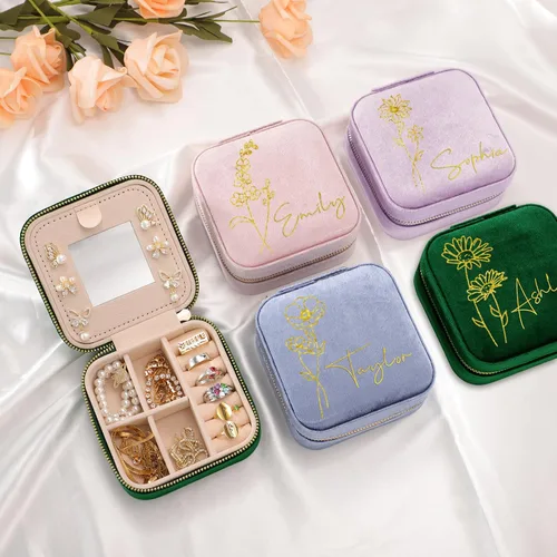 Vista 8 de Joyero personalizado de terciopelo con espejo, diseño de flores de nacimiento personalizadas, organizador portátil de cumpleaños, día de la madre
