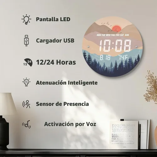 Vista 3 de Reloj de pared digital inteligente iluminado con puesta de sol automático con calendario de temperatura y tiempo, relojes de pantalla grande, reloj