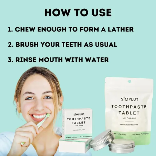 Vista 4 de Tabletas masticables de pasta de dientes con flúor, paquete de 60 – Cuidado bucal de tamaño de viaje, pestañas dentales veganas ecológicas