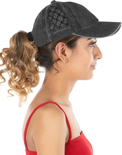 Vista 2 de Funky Junque - Gorra para mujer, entrecruzada, diseño desgastado, se puede usar con coleta o chongo