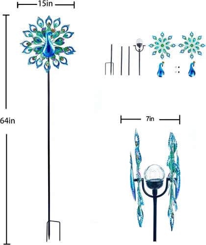 Vista 6 de Molinillo de viento para exteriores, escultura de metal con energía solar, 15 pulgadas y 64 pulgadas de altura, cinético pavo real, bola de vidrio