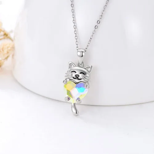 Vista 3 de JUSTKIDSTOY Collar de gato de plata de ley 925 con colgante de animal lindo con cristal de gato, regalo de joyería para mujeres y niñas amantes