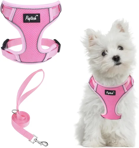 Vista 19 de PUPTECK Juego de arnés y correa para perro pequeño, arnés ajustable sin tirones para cachorro, chaleco de malla suave reflectante para mascotas