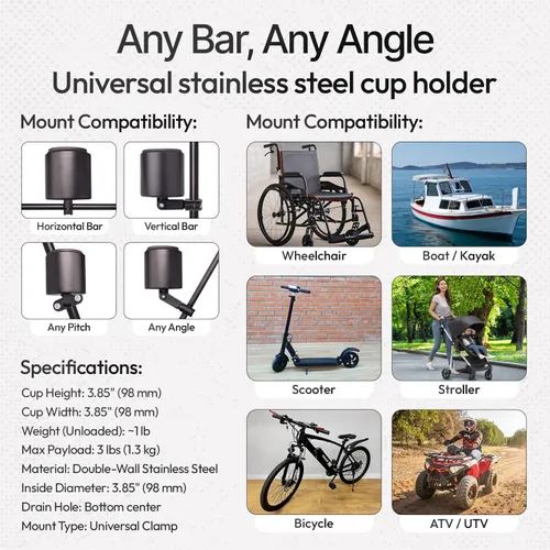 Vista 3 de Kroozie Soporte para botellas de bicicleta de lujo, universal, de acero inoxidable, para manillares, para barras verticales o en ángulo y bebidas