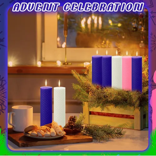 Vista 6 de MTLEE Juego de 10 velas de adviento de Navidad, velas de pilar de adviento blancas, velas católicas moradas, velas rosas para vacaciones, velas