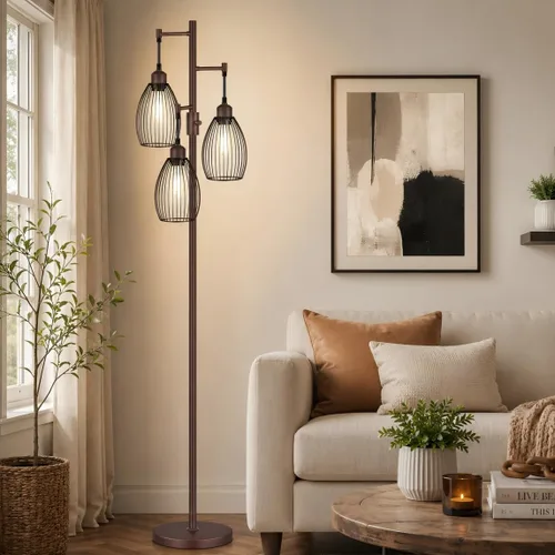Vista 10 de Lámpara de pie regulable, 3 bombillas LED Edison de 800LM incluidas, lámpara de pie industrial de granja lámpara de árbol de pie con elegante jaula
