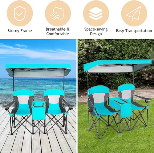 Vista 8 de LUARANE - Silla de camping doble con toldo de sombra, silla portátil de camping de playa con mini mesa soporte para bebidas, bolsa de transporte