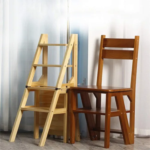 Vista 4 de JHome Taburetes elevadores de escalera de 4 escalones, madera maciza, escalera plegable transformable para el hogar, cocina, silla plegable de doble