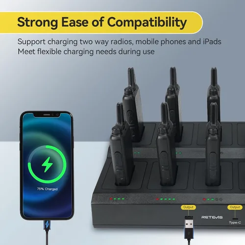 Vista 4 de Retevis RT22 Radio Bidireccional, Walkie Talkies Recargables de Largo Alcance (Paquete de 10) con Cargador de 10 Vías, Barra de Progreso de Carga