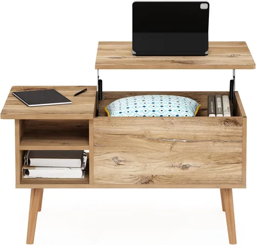 Vista 4 de Furinno Jensen Mesa de centro de madera para sala de estar, con compartimento oculto y estante de almacenamiento lateral abierto, roble Flagstaff
