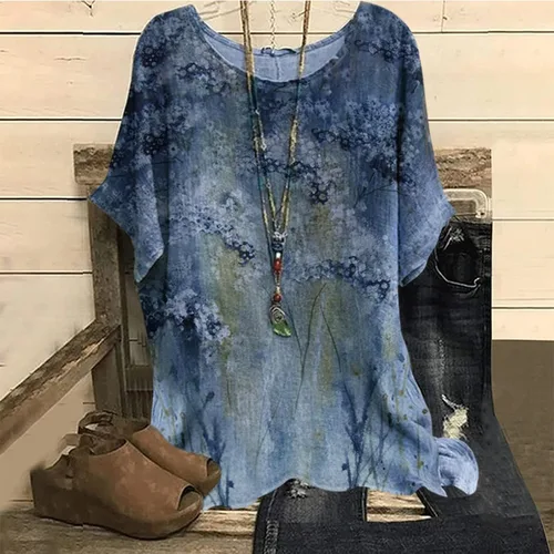 Vista 2 de Camiseta de verano para mujer, manga corta, cuello redondo, estampado floral, holgada, estilo casual