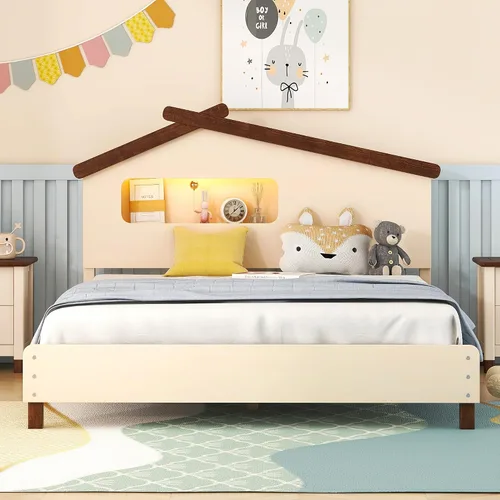 Vista 10 de Cama de plataforma de madera de tamaño individual con cabecera en forma de casa, soporte de listones de madera, para dormitorio de niños, niñas