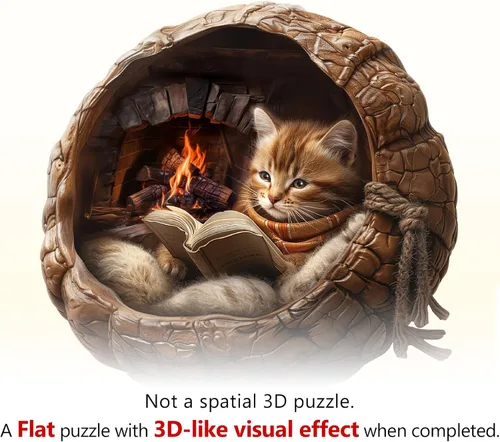 Vista 2 de Rompecabezas de madera para adultos, rompecabezas de madera de gato acogedor de otoño, rompecabezas planos con efecto visual 3D, rompecabezas únicos
