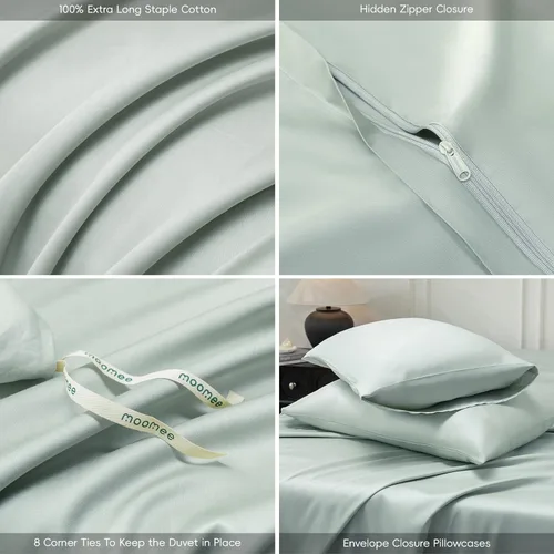 Vista 4 de MooMee Juego de funda de edredón 100% algodón de fibra extra larga de 600 hilos, satén sedoso, suave, transpirable, duradero, ropa de cama de Verde