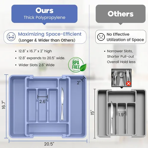 Vista 3 de Caperci Organizador grande de cubiertos para cajón de cocina y utensilios - Organizador de cajones expandible para cubiertos, cubiertos planos