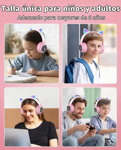 Vista 7 de Auriculares plegables inalámbricos Bluetooth 5.1 con luz LED, VIGROS estéreo, música, sonido envolvente con micrófono AUX para PC, pad, móvil Rosa