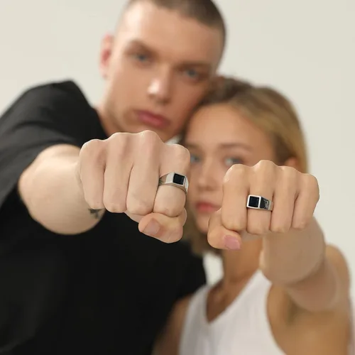 Vista 8 de U7 Anillo de joyería de moda de ónix negroazul para hombres y mujeres, anillos de sello cuadrado de acero inoxidable para papá y padre, anillos