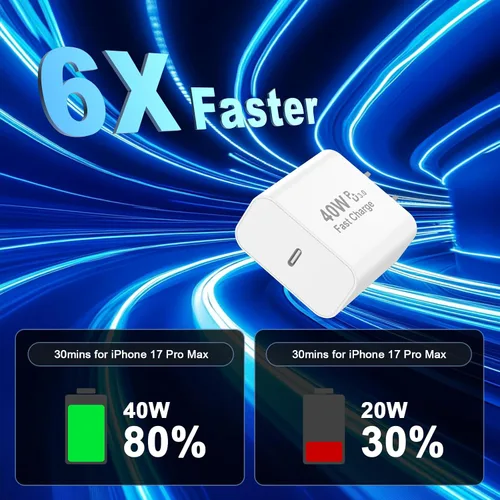 Vista 3 de [Certificado Apple MFi] Cargador de iPhone 17 de carga rápida, paquete de 2 cargadores de iPhone de 40 W USB C bloque con cable de carga tipo C de 6