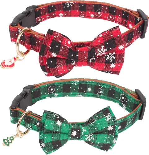 Vista 12 de ADOGGYGO Collar de Navidad para perro con pajarita, collar ajustable con corbatín para perro, collar de Navidad a cuadros rojos y verdes para perros