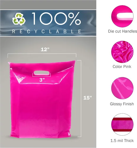 Vista 2 de PPB - Bolsas de plástico rosa para mercancía de 12 x 15 pulgadas, acabado brillante, tamaño mediano al por menor, paquete de 100 unidades, 1.5 mil