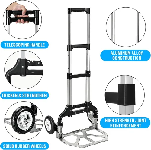 Vista 9 de Carro de mano plegable de aluminio, carrito de mano plegable de aluminio, carrito de equipaje con capacidad máxima de 175 libras, con mango