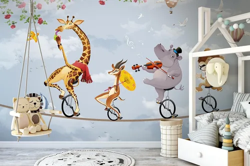 Vista 4 de Murwall Kids Wallpaper Cartoon Slackline Wall Mural Cute Animals Wall Print Childroom Wall Decor Girls Boys Bedroom Play Room Baby Rooms