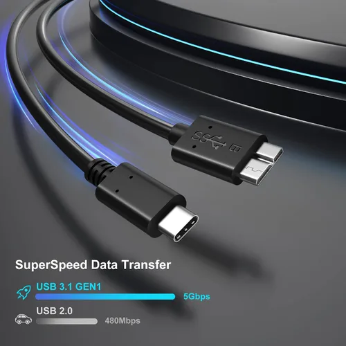 Vista 2 de Cable micro B a USB C, cable de disco duro externo USB 3.1 Gen1 5Gbps cable de repuesto de cámara de transferencia de datos compatible con Seagate
