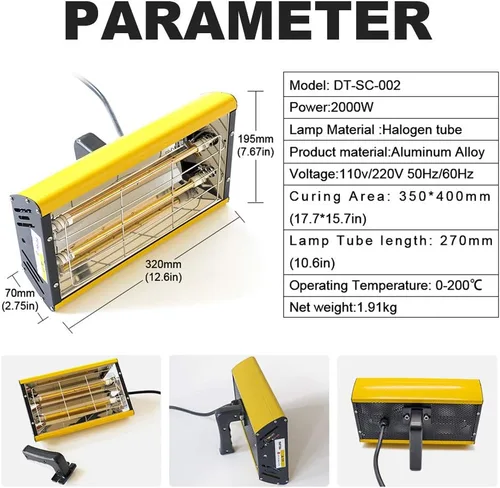 Vista 3 de DATOUBOSS Lámpara portátil de curado de pintura por infrarrojos 2000w Lámpara de horneado de pintura por infrarrojos de mano Luz de calentamiento