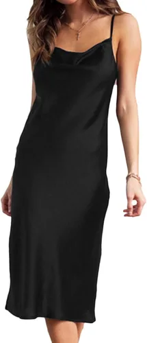 Vista 2 de xxxiticat - Vestido con tirantes delgados, de satén, sin mangas, para cócteles, playa y fiestas, con cuello caído, vestido de longitud media