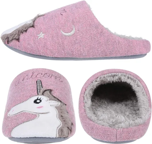 Vista 4 de Shevalues Pantuflas con forro de piel de animal para niños, niñas y niños, zapatos de casa de erizo de unicornio, mullidos bordados, para interiores
