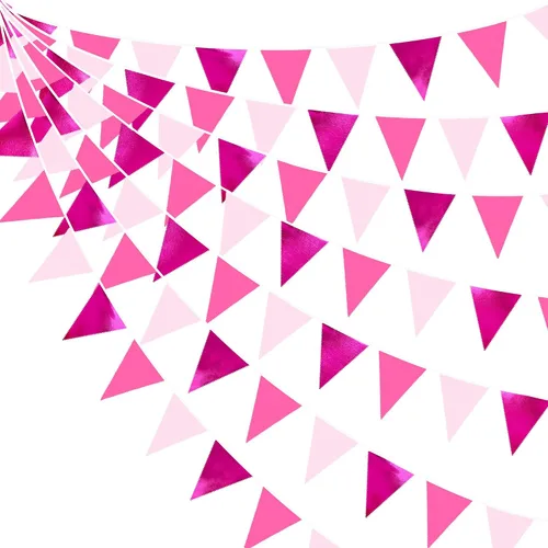 Vista 18 de Decoraciones de fiesta de vaquera de 32 pies con estampado de vaca rosa intenso, bandera triangular, banderines de tela, banderines para vaqueras