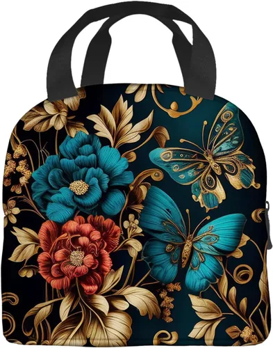 Vista 2 de OOZ Lonchera térmica para mujeres y hombres, hermosas flores doradas y mariposas, reutilizable, a prueba de fugas, para el trabajo, oficina, picnic