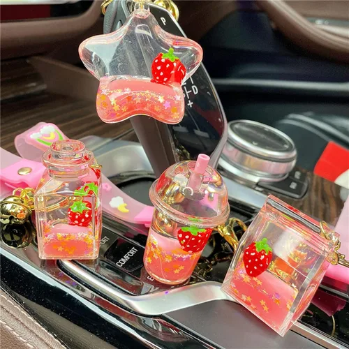Vista 5 de Rertnocnf ICI-Rencontrer Mochila flotante de fresa colgante para llave de coche para niños niñas mujeres bolsa de acrílico cartera llavero líquido